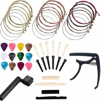 48 piezas Juego de accesorios para guitarra, herramientas para cambiar cuerdas de guitarra acústica, que incluye cuerdas de guitarra acústica, púas, capo, enrollador/cortador de cuerdas, afinador, púas (color de púas aleatorio), accesorios para guitarra, cuerdas de guitarra, púas