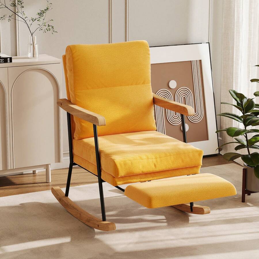Mecedora con reposapiés, patas de madera Hevea, tela afelpada, respaldo alto, incluye cojín, capacidad de peso hasta 150 kg, para dormitorio, salón, color amarillo - Amarillo - Ver 1