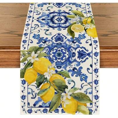 1pc Lemon Blue & White Ceramic Table Runner, Summer Tabletop Decor, Spring Kitchen Table Decoration For Family Gathering