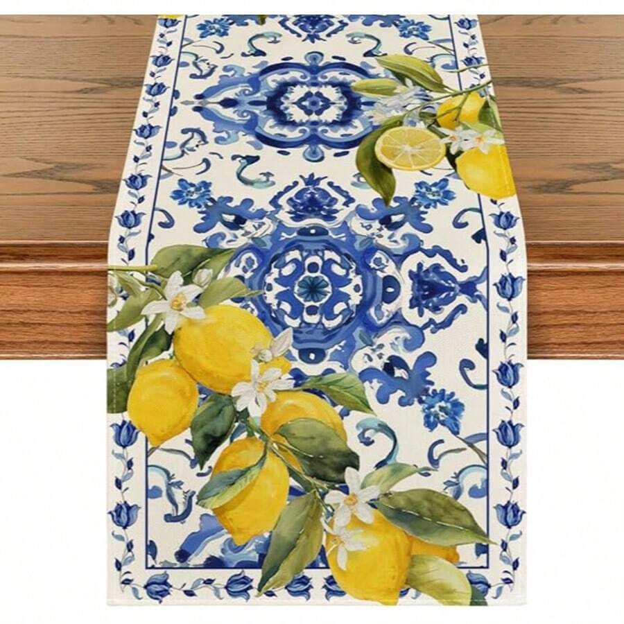 1pc Lemon Blue & White Ceramic Table Runner, Summer Tabletop Decor, Spring Kitchen Table Decoration For Family Gathering - Blue - View 1
