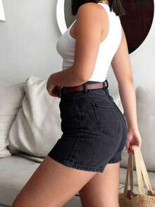 Shorts vaqueros negros para mujer, estilo de pierna recta, con detalles de botones y bolsillos, con un nivel medio de elasticidad, con un toque bohemio y casual para el verano - Negro - Ver 3