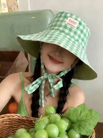 New Korean Style Plaid Lace-Up Bucket Hat, Women's Summer Outdoor Hiking Wide Brim Reversible Sun Protection Hat