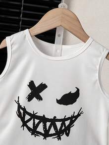Young Boy Casual White Dark Face Print Tank Top + Black Shorts Set, Children's Summer Daily Street Style Outfit - White - View 3