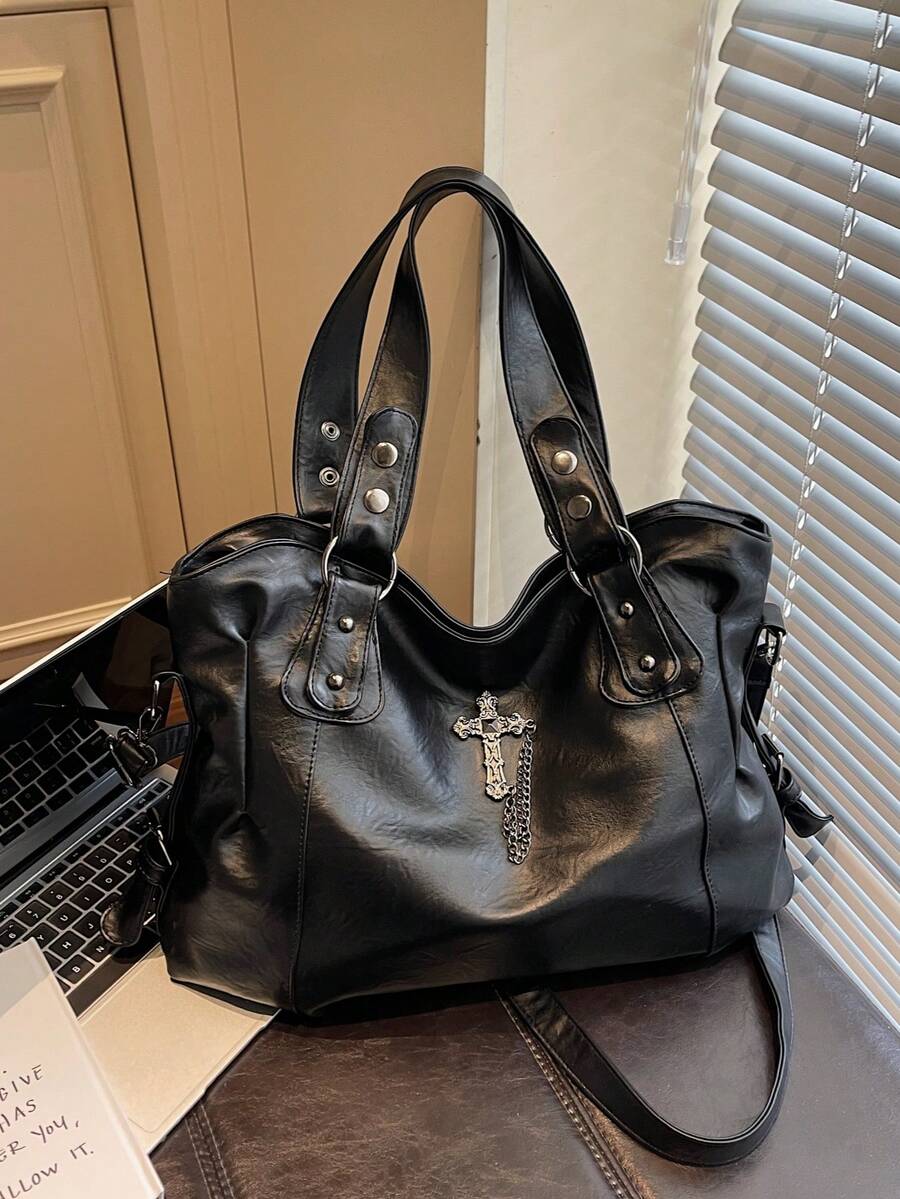 Retro Minimalist Large Capacity Fashion Student/Work Commute Tote Bag - Black - View 1