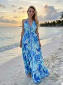 Dress, Random Print, Fabric, Backless / Bare Back, Beach - océano azul - Ver 2