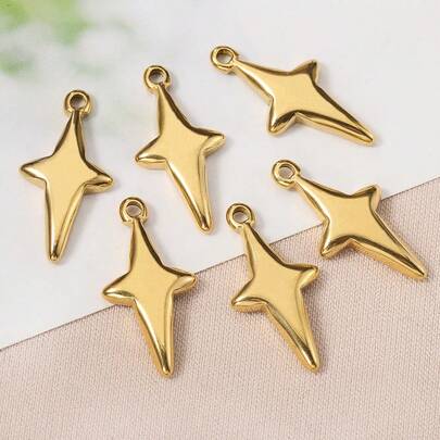 5pcs Gold 304 Stainless Steel Pendant Four-Pointed Star Shaped With Hole, Suitable For DIY Necklace, Bracelet, Earring And Jewelry Making Accessories