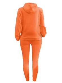 LovelyWholesale Women's Hooded Collar Long Sleeves Pocket Plain Casual Everyday Wear Autumn Winter Top And Pants Set - Orange - View 6