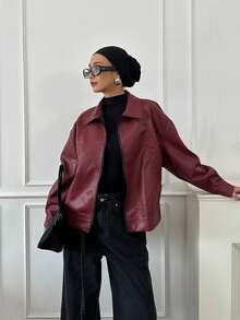 DAZY Loose Fit Boyfriend Style Stand Collar Zip-Up Long Sleeve Moto Jacket,Fall Clothes Women Coats - Burgundy - View 2