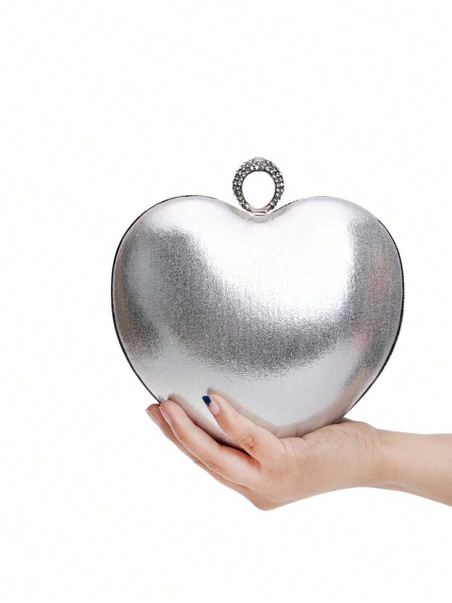 Silver Heart Design Women's Clutch Bag, Gold Glitter Rhinestone Heart Gift For Girlfriend/Wife, Evening Bag With Shoulder Strap Chain, Crossbody Wallet, Holiday Gift - Silver - View 1