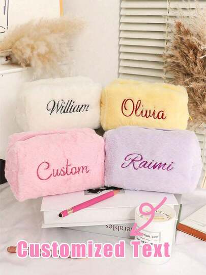 Bolsa de maquillaje personalizada con nombre - Organizador de cosméticos mullido con cierre de cremallera, bolsa de maquillaje esponjosa personalizada, estuche de belleza de gran capacidad, bolsa de maquillaje suave y esponjosa para mujeres, novia, madre - Regalo de cumpleaños/boda/Día de la Madre