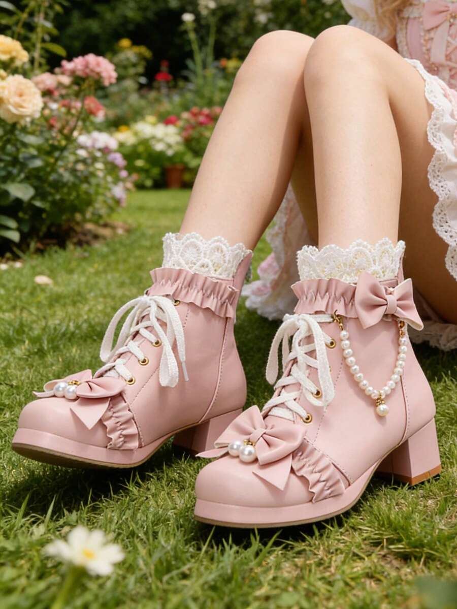 Women Cute Lolita Boots Chunky Mid Heel Ankle Boots With Bow Platform Lace Up Booties With Pearl - Hồng - Xem 1