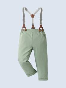 BOARNSEORL 两件套男童绅士套装，长袖印花衬衫配领结和绿色背带裤，时尚优雅，适合生日、周年纪念、派对和日常穿着。 - 綠色 - 查看 3