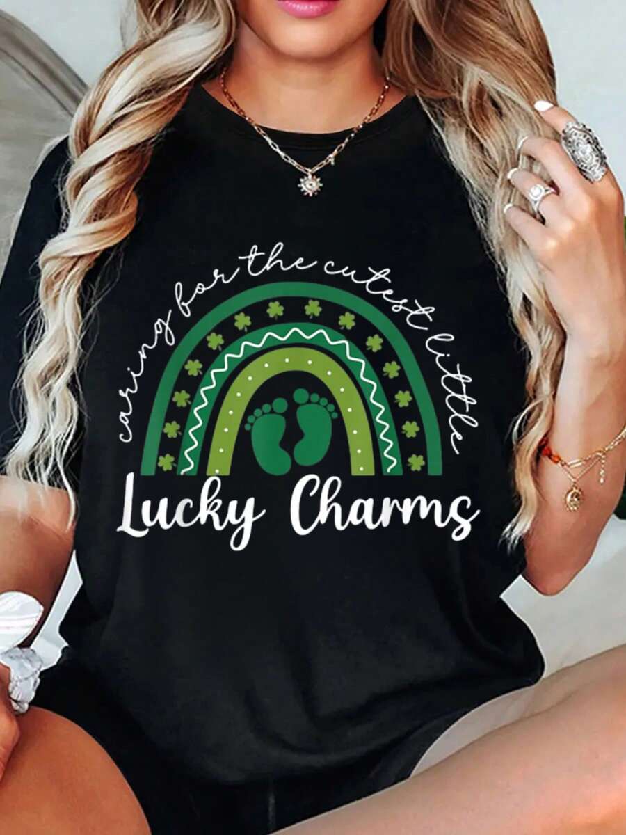 Conjuntos de San Patricio para mujer: Cuidando los amuletos de la suerteálindos. Camiseta de San Patricio 100 % algodón, camisetas de manga corta, conjuntos de primavera y verano 2026 para mujer, tops negros tees - Negro - Ver 1