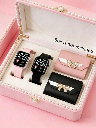 4/2件套女孩时尚优雅LED心形数字显示电子手表，搭配时尚多功能钱包，适合女孩佩戴，是女孩生日/节日的完美礼物，也适合返校、聚会、旅行和日常生活。情人节、斋月，送给女孩的完美礼物。
