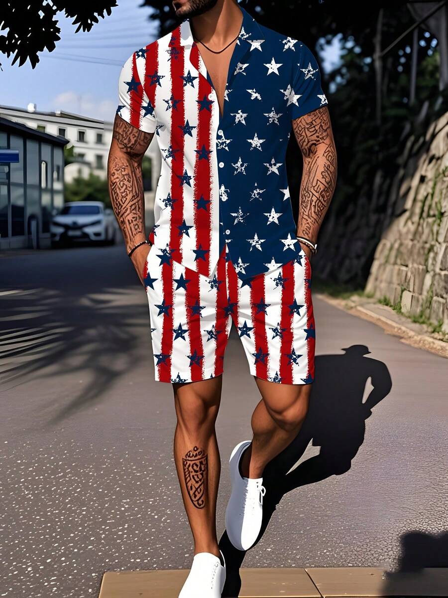 New Men's Printed Shirt Set 2-Piece American Style Flag Set Fashionable Shirt Set Casual Set Loose Fit Set - 彩色 - 查看 1