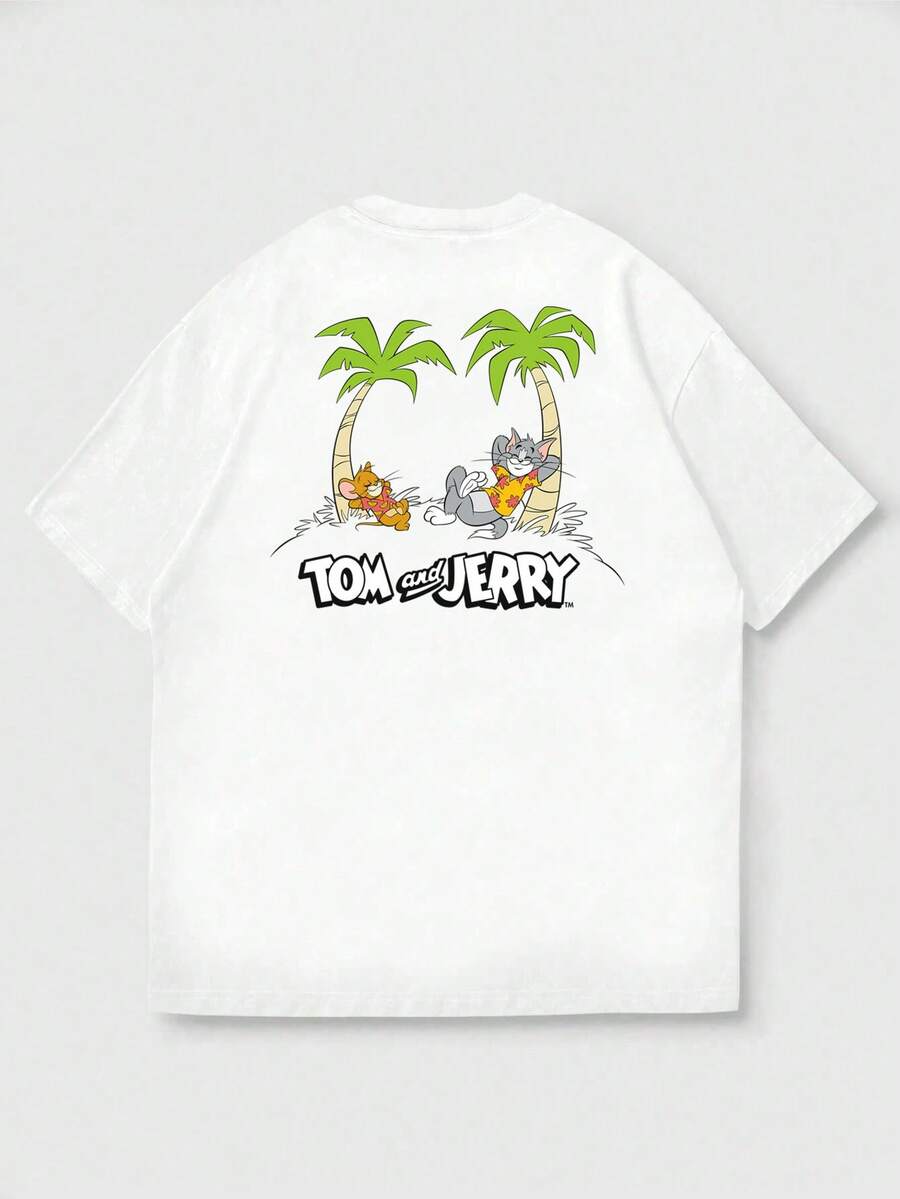 OBM Men X TOM & JERRY 男士休闲百搭简约猫鼠椰树印花短袖T恤 - 白色 - 查看 1