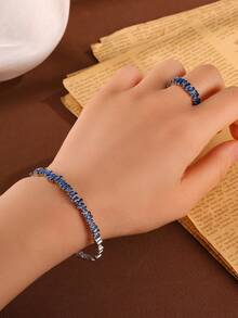 rakol 2pcs Fashionable Cubic Zirconia Asymmetrical Decor Ring & Bracelet Set, Blue - Royal Blue - View 2