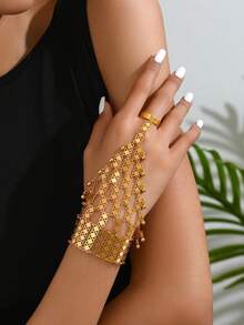 1pc Middle East Vintage Seed Coin Pendant Women Finger Hand Chain, Versatile Daily Accessory, Holiday Gift - Gold - View 5