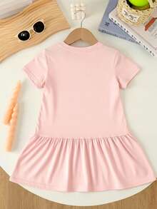 1 pièce Robe pour filles avec imprimé mignon de chat rose, robe t-shirt à manches courtes avec nœud, style mignon pour jeune fille, été - Rose bonbon - Voir 2