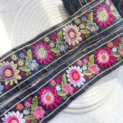 Extra Long Vintage Retro Embroidered Lace Trim, Bohemian Style Colorful Floral Mesh Lace Ribbon, Suitable For DIY Crafts, Sewing, Decoration, Holiday Trims