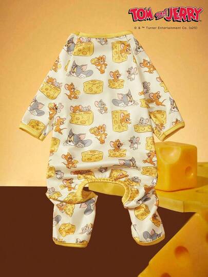 TOM & JERRY X PETSIN 1件可爱老鼠猫吃奶酪卡通图案印花宠物猫狗通用四脚连体衣，弹性舒适。