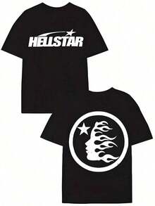 Y2K Tops, Flame & Star Double Sided Print T-Shirt, Streetwear, Digital Print, Edgy, Casual, Summer,   For Men - màu đen - Xem 1