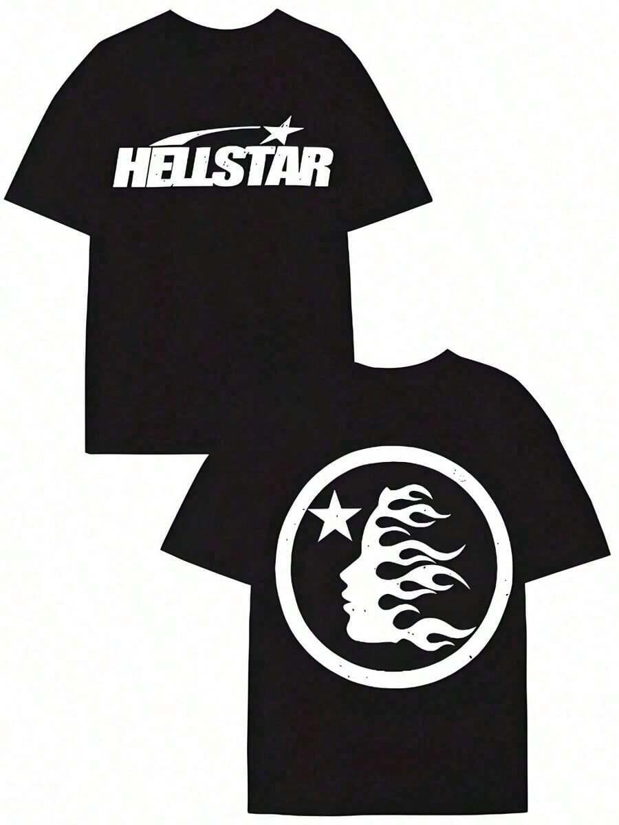 Y2K Tops, Flame & Star Double Sided Print T-Shirt, Streetwear, Digital Print, Edgy, Casual, Summer,   For Men - màu đen - Xem 1