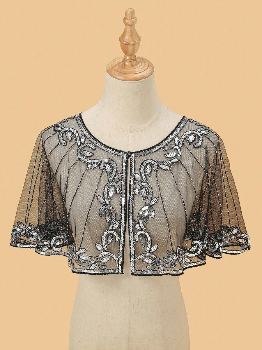 1pc Thin Shawl Cardigan Lace Sequin Overlay - Multicolor - View 1