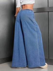 女士休闲阔腿牛仔裤，抽绳腰带，带口袋，长款波西米亚风格，无弹力面料 - 淺色水洗藍 - 查看 3