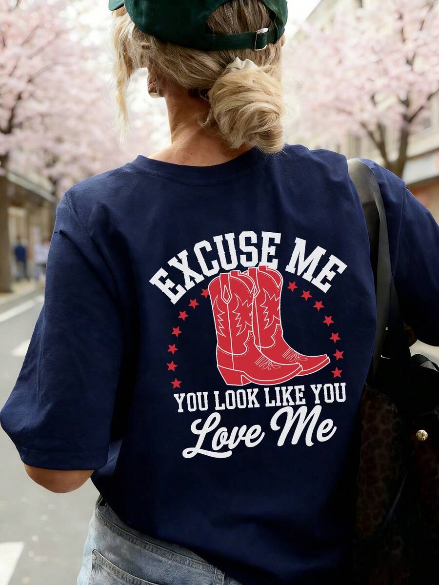 Women's Summer Street Red Boots Pattern Personality Print Round Neck T-Shirt, Western Style Clothing, Women's Top Graphic T-Shirt, Women's Pink Top - Navy - View 1