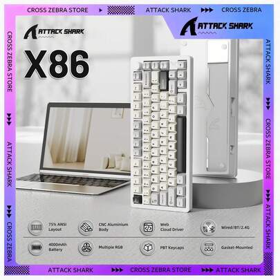  ATTACK SHARK X86 75% 无线机械键盘 - CNC 铝合金，密封垫片安装，三模式，热插拔，抹茶线性轴，RGB 灯效，4000mAh 电池，五层阻尼，音量旋钮，适用于 Windows/PC/Linux/游戏玩家，节日礼物，儿童礼物，2026 新年礼物 - 牛奶白/星空白/星空黑