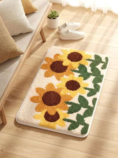 1pc Watercolor Sunflower Plush Bathroom Mat, Beautiful Carpet, Bathroom Rug, Doormat, Small Rug, Carpet, Floor Mat, Home Decor, Area Rug, Outdoor Mat, Bedroom Carpet, Washable Rug