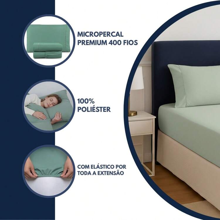 Jogo de Cama 400 Fios Lençol Elástico Ponto Palito Hotel Solteiro Casal Queen King Premium - Verde Menta - Visão 6
