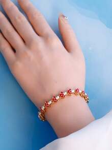 1pc Minimalist Double-Layer Electroplated Apple, Mushroom, Star, Moon, Cosmos, Dolphin, Ladybug, Flower, Duckling, Pentagram Beaded Bracelet, Unique Fashion Design, Versatile Accessory - Little Mushroom - View 5