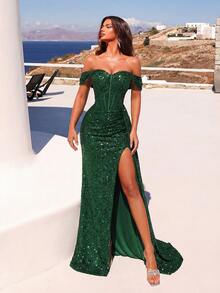 ADYCE Sequin Heart Neck Fishtail Ruffle Waist Long Tie Front Slit Backless Dress For Prom Party, Elegant - Dark Green - View 8