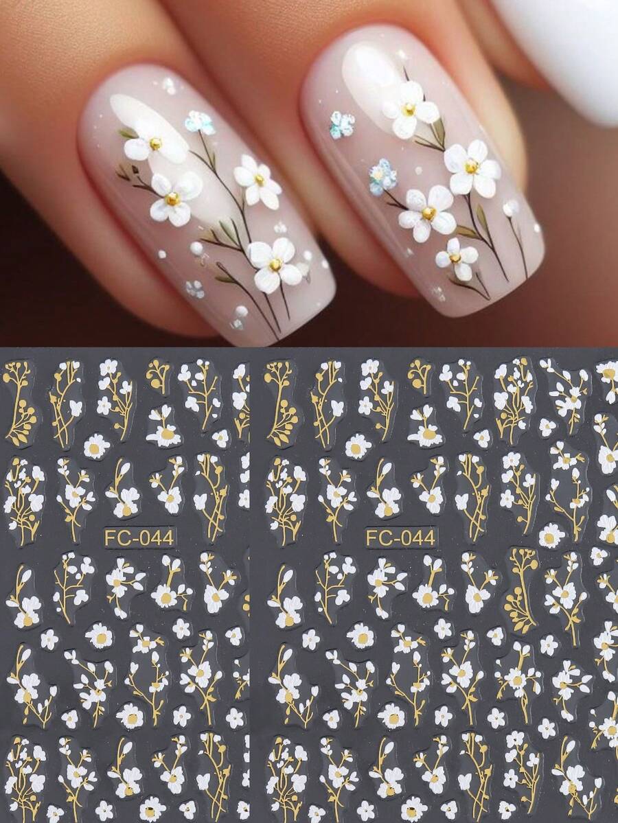 白色花朵和金色枝条美甲贴纸，裸粉色清新春日美甲贴花，手工DIY美甲用品，持久防水自粘，精致3D立体花卉美甲贴纸 - 彩色 - 查看 1