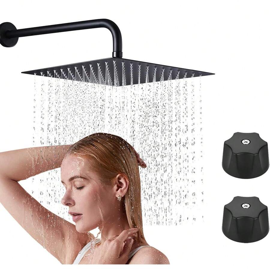 Conjunto de ducha de alta presión Luxury Rainfall: cabezal de ducha cuadrado ultrafino de acero inoxidable de 20 cm, con brazo de ducha de 30 cm y dos manivelas en negro mate (válvula no incluida). - Negro mate - Ver 1