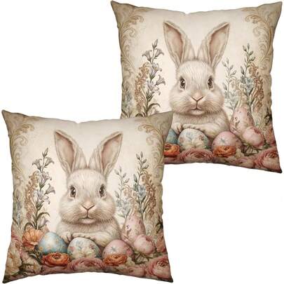 2PCS Vintage Easter Bunny Pillowcase Spring Cute Bunny Cushion Cover Easter Egg Country Style Pillowcase Vintage Rose Floral Throw Pillow Cover Sofa Cushion Cover, Single-Sided, Pillow Not Included