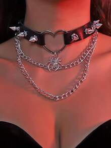 1/4 Pcs Gothic Punk Black Cross Necklace For Women, Handmade PU Leather Chain Choker With Spikes, Heart Leash Collar Adjustable Cross Pendant Jewelry - Black - View 4