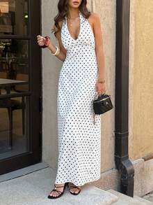 女士夏季低领系带露背拉链波点面料性感优雅连衣裙，适合约会、度假、派对、晚宴、情人节、生日等场合。 - 白色 - 查看 5