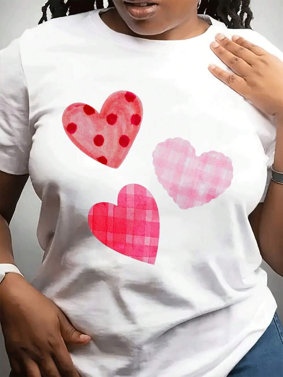 Camiseta casual de mujer con cuello redondo  Tres patrones en forma de corazón con tema de amor, cuello redondo, tejido ligeramente elástico, mangas cortas, apta para todas las estaciones