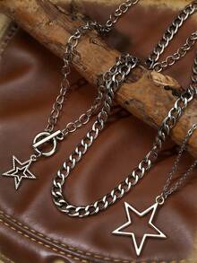 3pcs/Set Vintage Gothic Style Statement Star Charm Chunky Chain Necklace Set For Women, Punk Style - Silver - View 5
