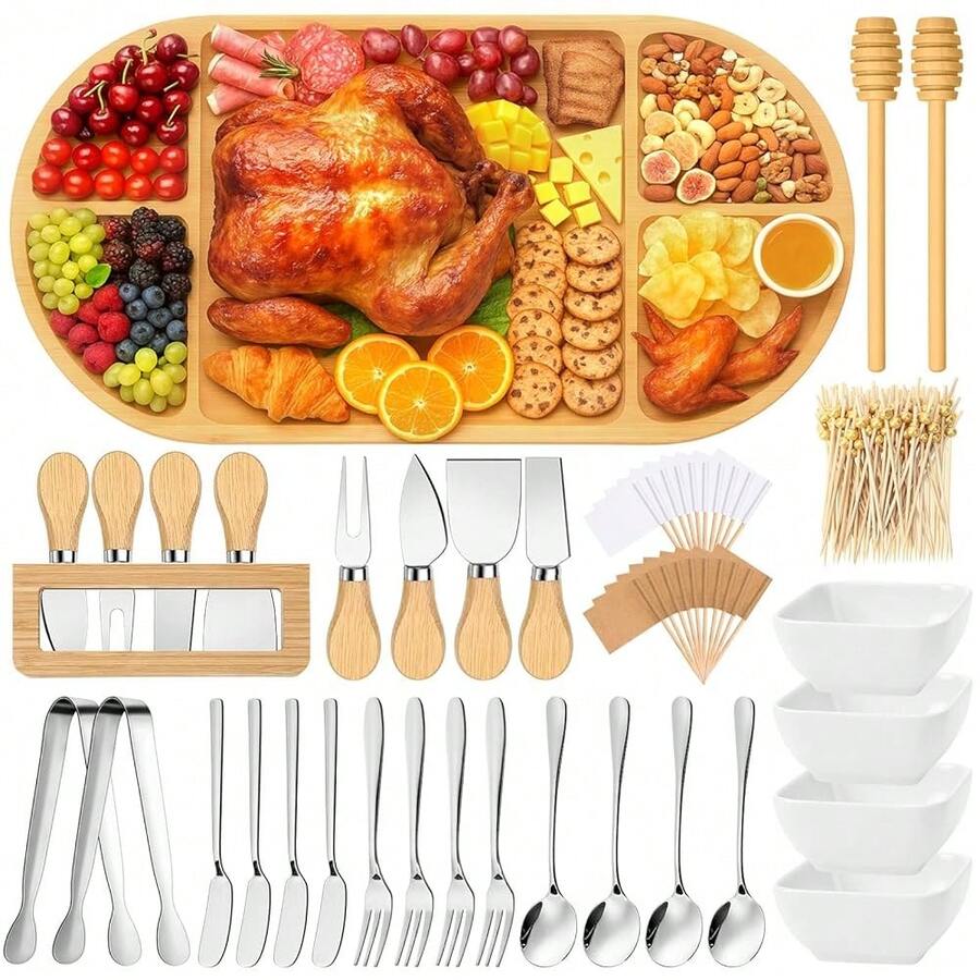 Charcuterie Boards Gift Set Large Bamboo Cheese Board With Ceramic Dip Bowl, Butter Knives Set Kit, Mini Tongs, Spoons, Forks, Honey Sticks, Cocktail Picks For Entertaining Gift For Christmas - Silver - View 1