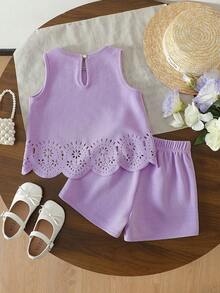 4-7岁女童两件套，精致镂空花边无袖上衣+休闲短裤，适合日常穿着、休闲、户外玩耍、海滩度假 - 紫色 - 查看 2