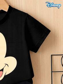 Disney 2件套夏季男婴新生儿大头印花可爱短袖T恤和短裤套装，纯色卡通图案，弹力面料，适合新生儿日常穿着，精美礼物 - 黑色 - 查看 4