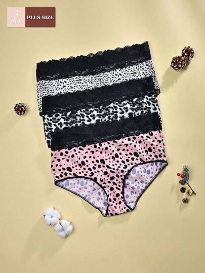 3pcs/Set Plus Size Women Leopard Print Lace Patchwork Comfortable Breathable Briefs