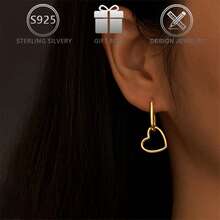 1 Pair 925 Sterling Silver Minimalist Geometric Design Reversible Heart Pendant Earrings, Suitable For Daily, Casual, Vacation, Holiday, Birthday, Valentine's Day Gift - Gold - View 2