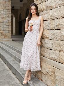 PARTHEA Elegant Sleeveless Strappy Cami Midi Dress With Knot Ruched Bust Backless Smocking And Floral Print Contrast Lace Detailing - Pink - View 3