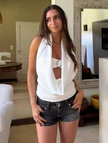 Women's Backless Halter Ruched Crop Tops Cowl Neck Going Out Tops With Bandeau Bra Concert Date Outfits - White - View 5