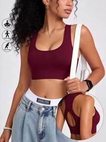 Runway Rest 1pc Seamless Sports Racerback Bra, Hollow Backside Outerwear Elastic Solid Color Women Lingerie - Red - View 5